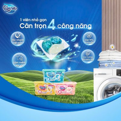 1 Viên nhỏ gọn cần 4 công năng: - Tẩy nhanh vết bẩn diệt 99% vi khuẩn, làm mềm sợi vải, lưu hương cả ngày dài 